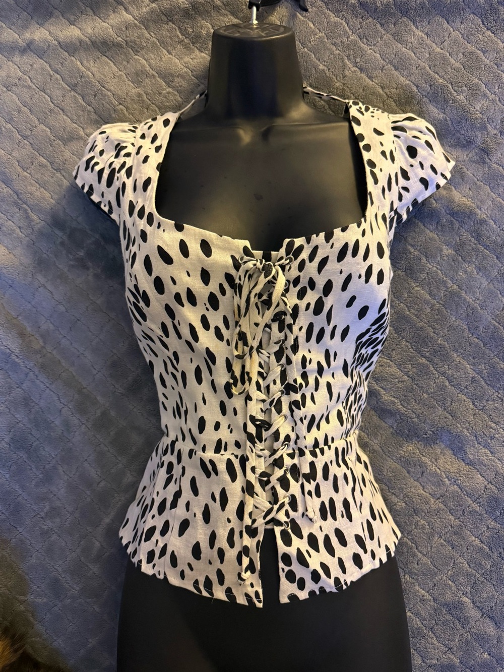 Reformation Black and White Lace-Up Spot Print Peplum Blouse